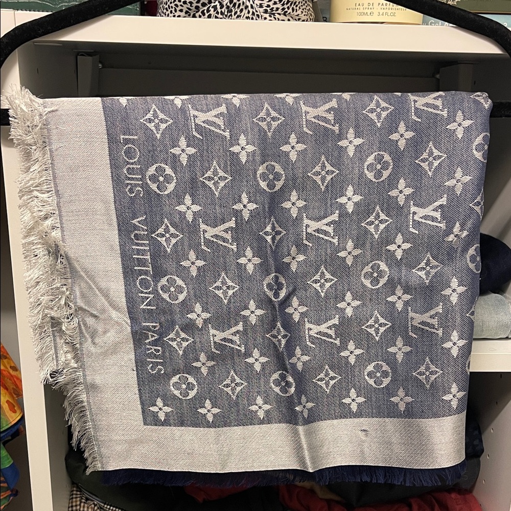 Louis Vuitton Denim Blue and Cream Monogram Shawl